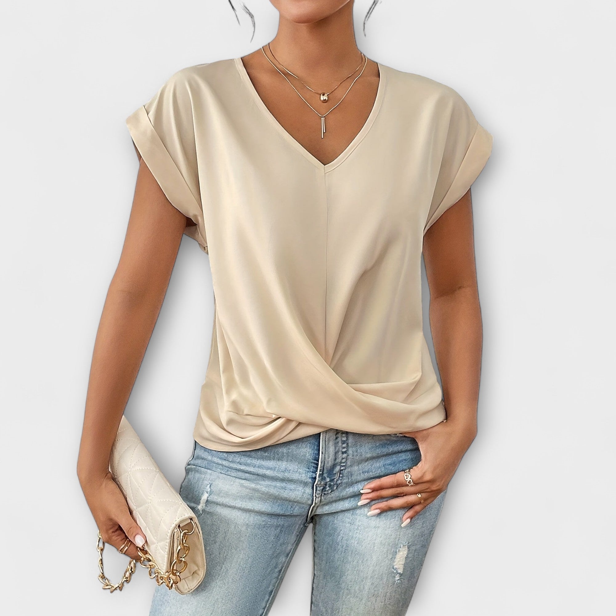 Arabella Sincroft | Brown V-Neck Twist Hem Top