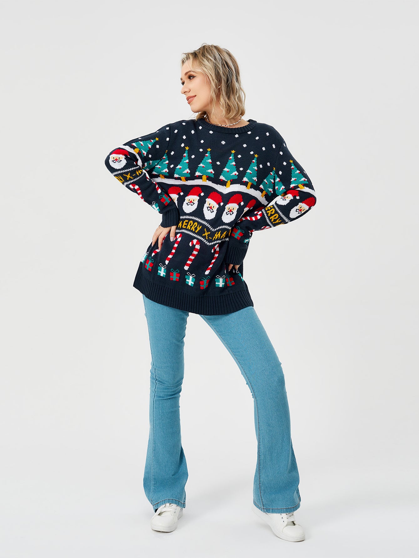 Snowy Cheer | Navy Santa Print Christmas Sweater For Women