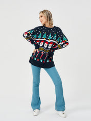 Snowy Cheer | Navy Santa Print Christmas Sweater For Women
