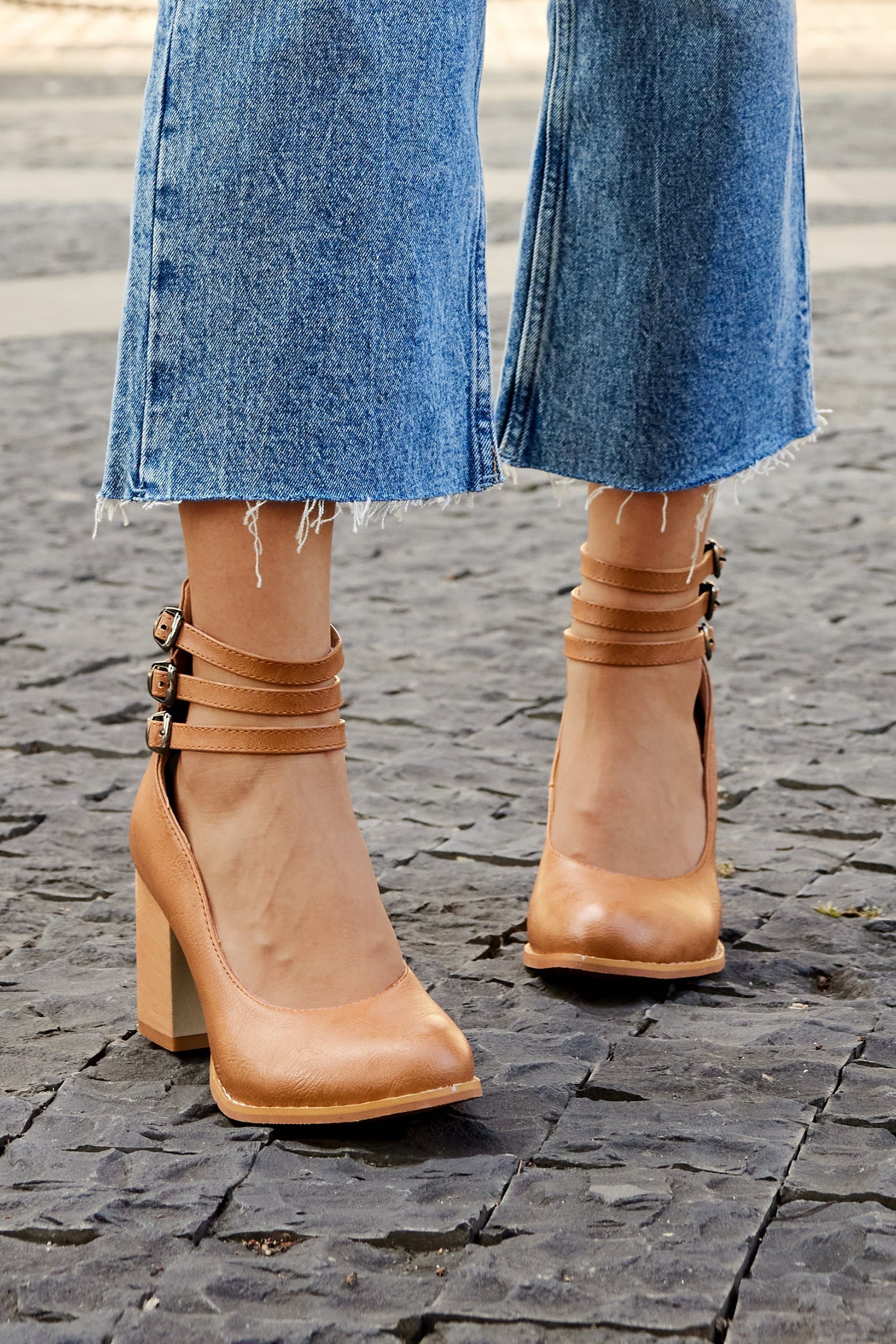 Mathilde Renoncourt | Tan Block Heel Sandal with Double Ankle Strap