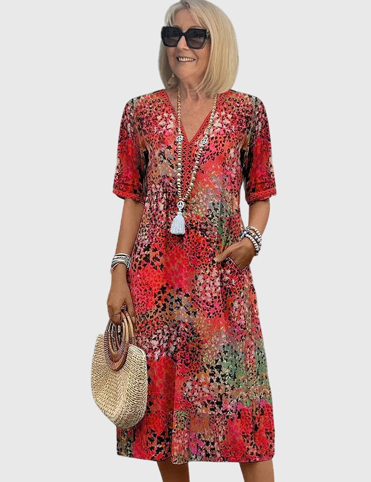 Rosalinde Caldecourt | Boho Floral Midi Dress with V-Neck