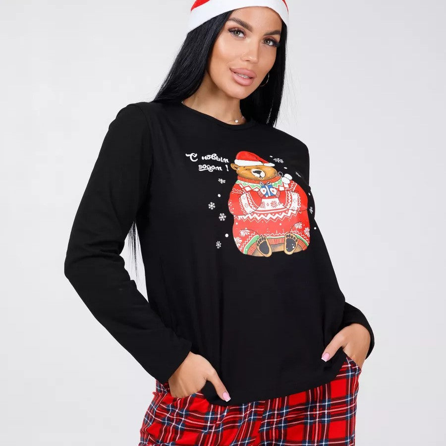Cozy Cheer | Black Santa Bear Print Christmas Pyjamas For Women