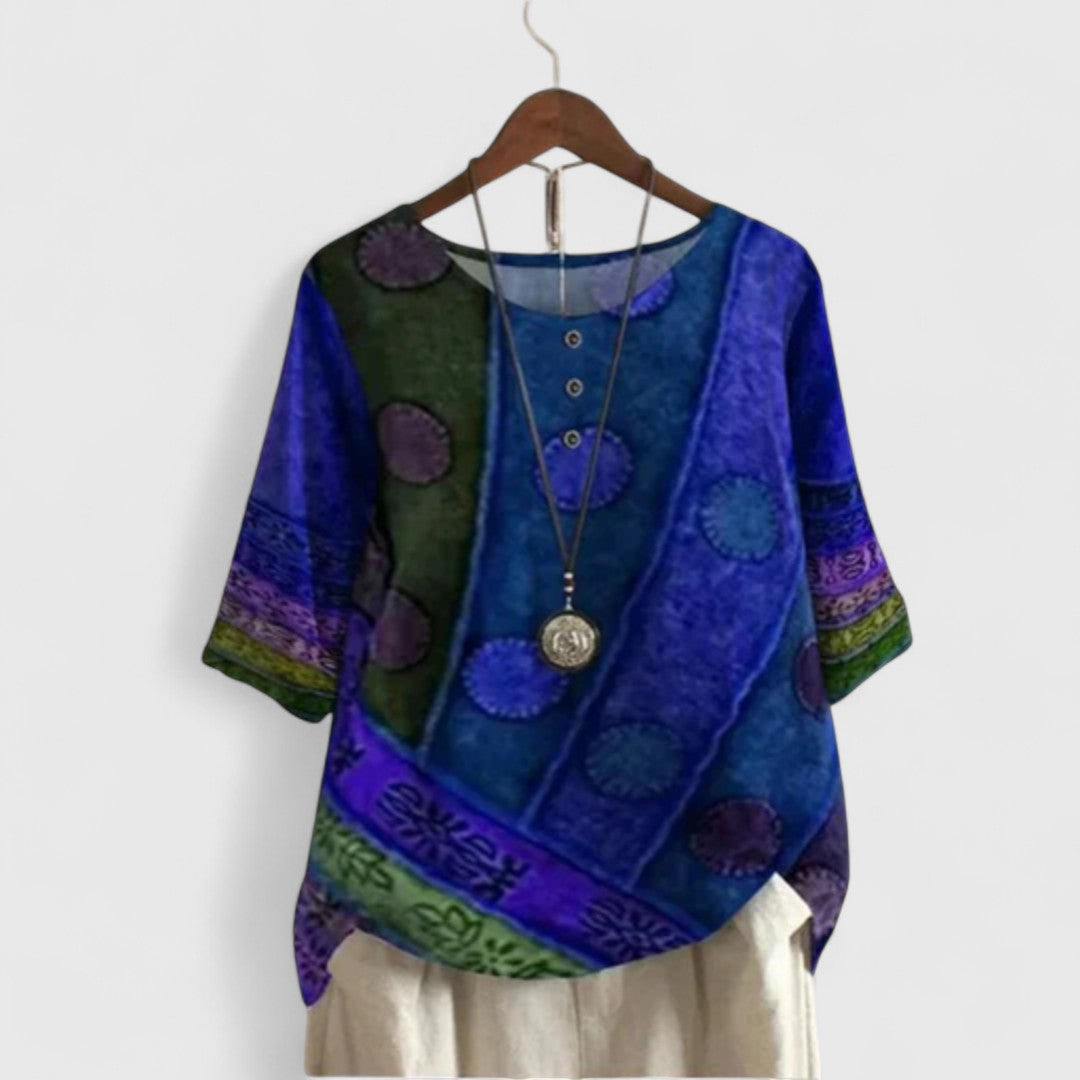Celestia Vordaine | Bohemian Patchwork Print Short-Sleeve Top
