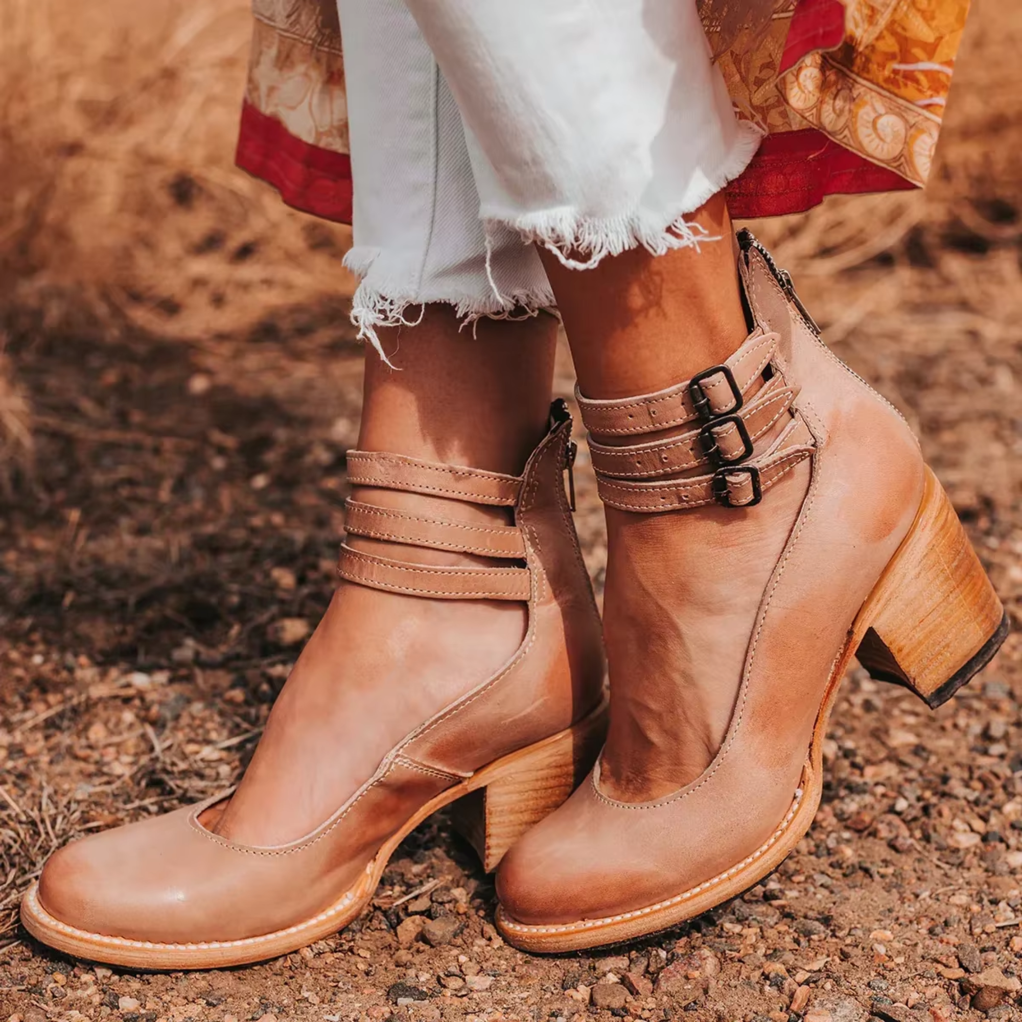 Corinna Ashvale | Tan Leather Block Heel Ankle Boot with Double Buckle Straps