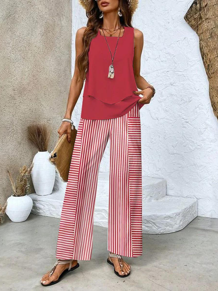 Sylvette Montcourt | Sleeveless Layered Top & Leaf-Print Wide-Leg Pants Set