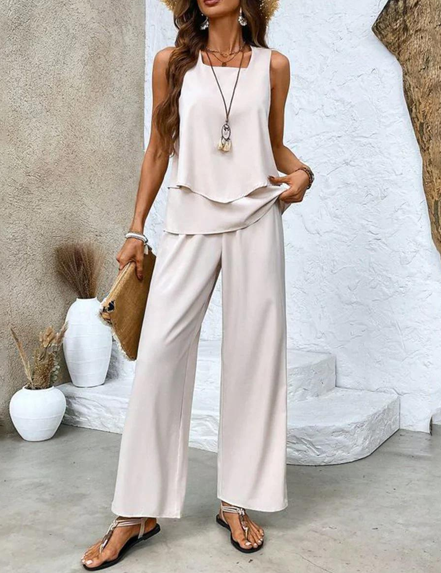 Sylvette Montcourt | Sleeveless Layered Top & Leaf-Print Wide-Leg Pants Set