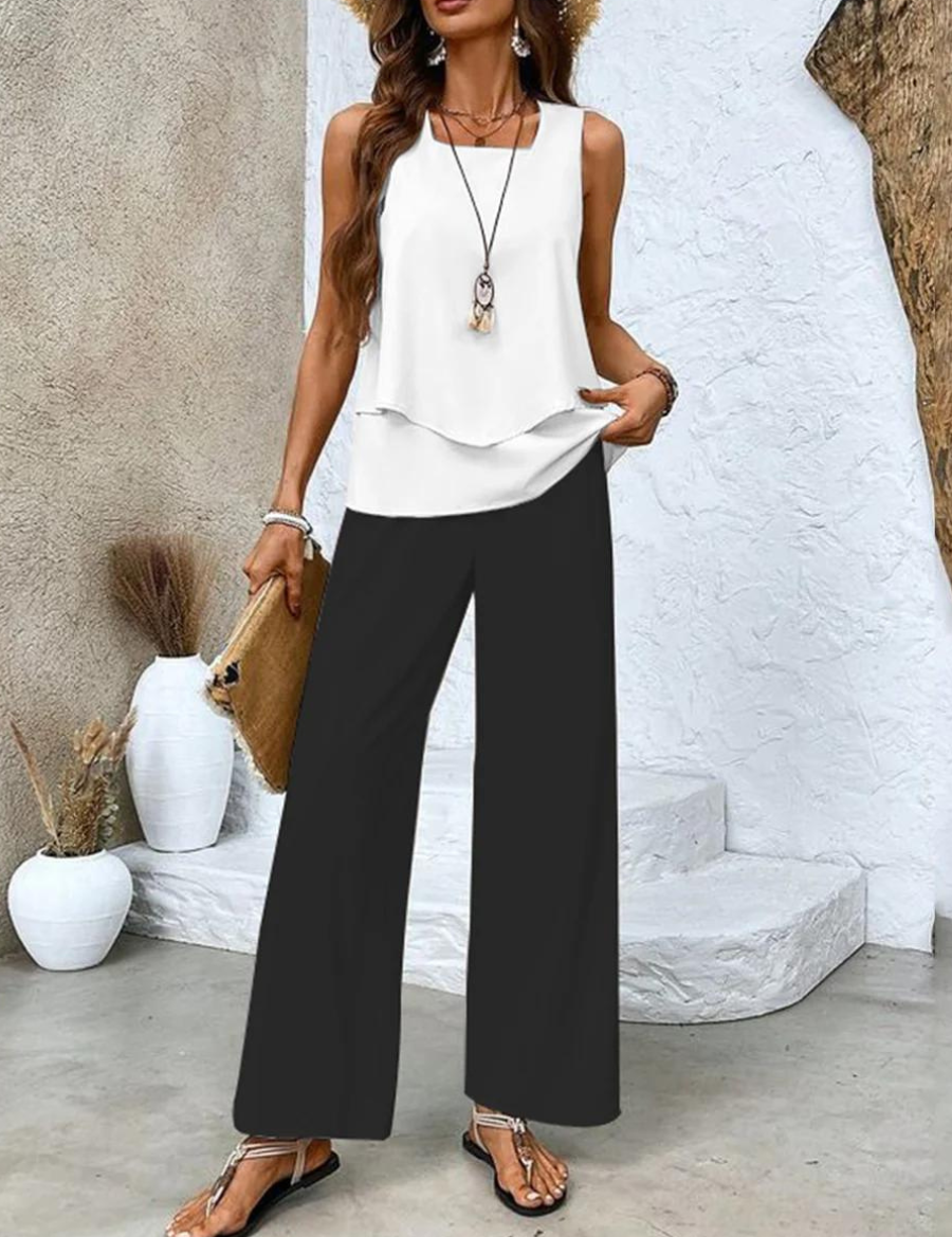 Sylvette Montcourt | Sleeveless Layered Top & Leaf-Print Wide-Leg Pants Set