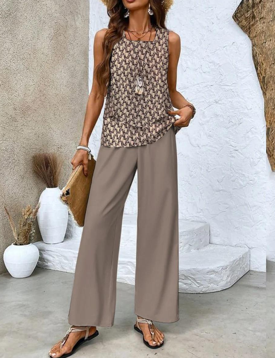 Sylvette Montcourt | Sleeveless Layered Top & Leaf-Print Wide-Leg Pants Set