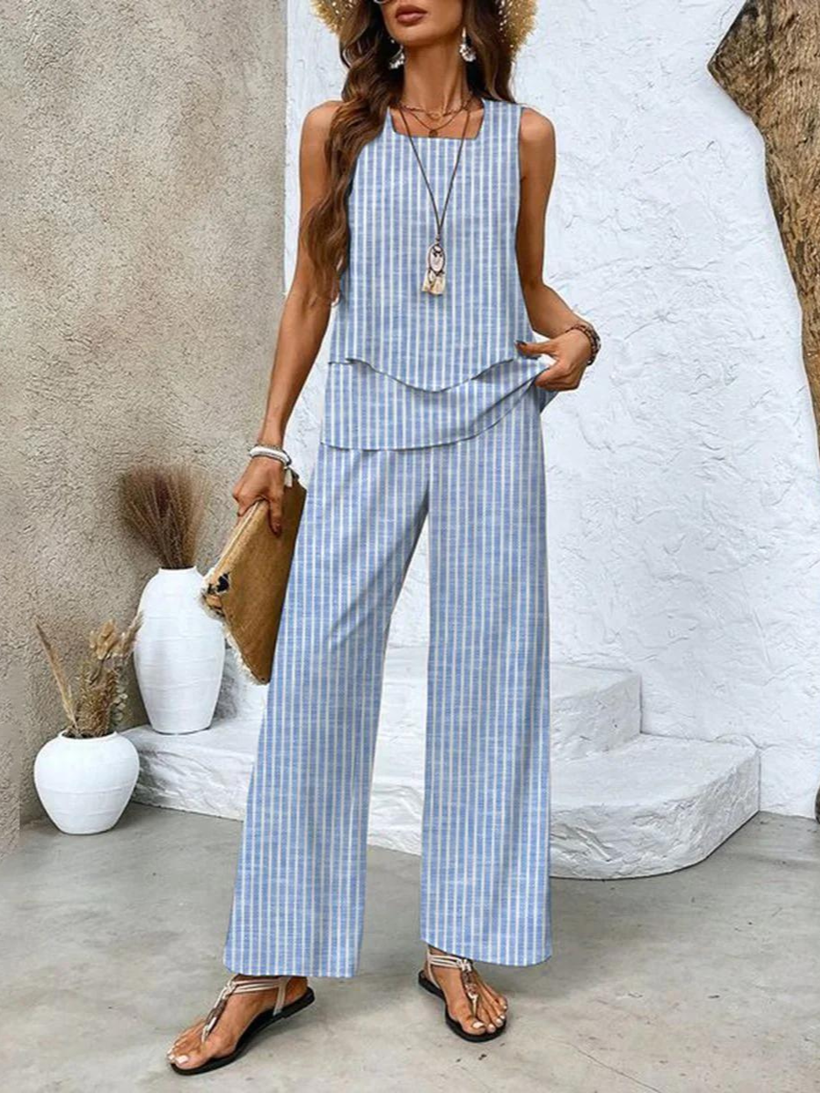 Sylvette Montcourt | Sleeveless Layered Top & Leaf-Print Wide-Leg Pants Set
