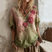 Francesca Beaumont | Floral Embroidered V-Neck Top For Women