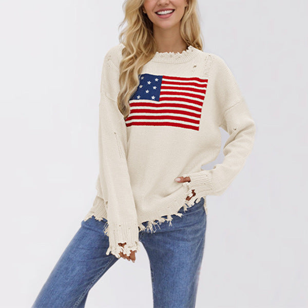 Renée Stafford | American Flag Distressed Knit Sweater For Women