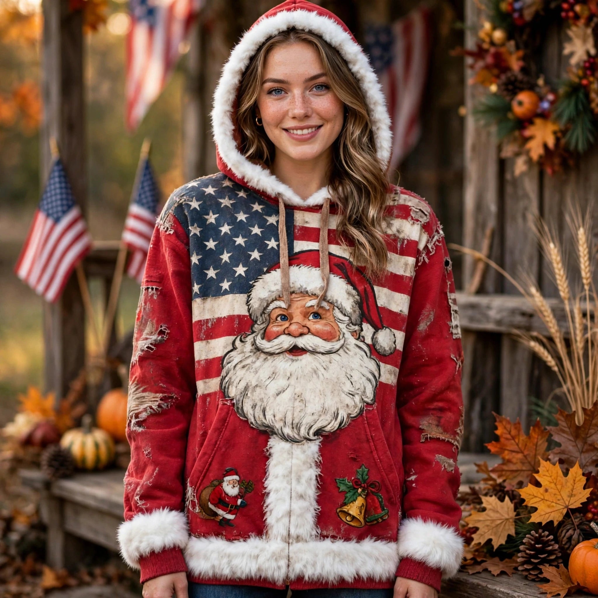 Francesca Hartwell | Flag Santa Print Christmas Hoodie For Women