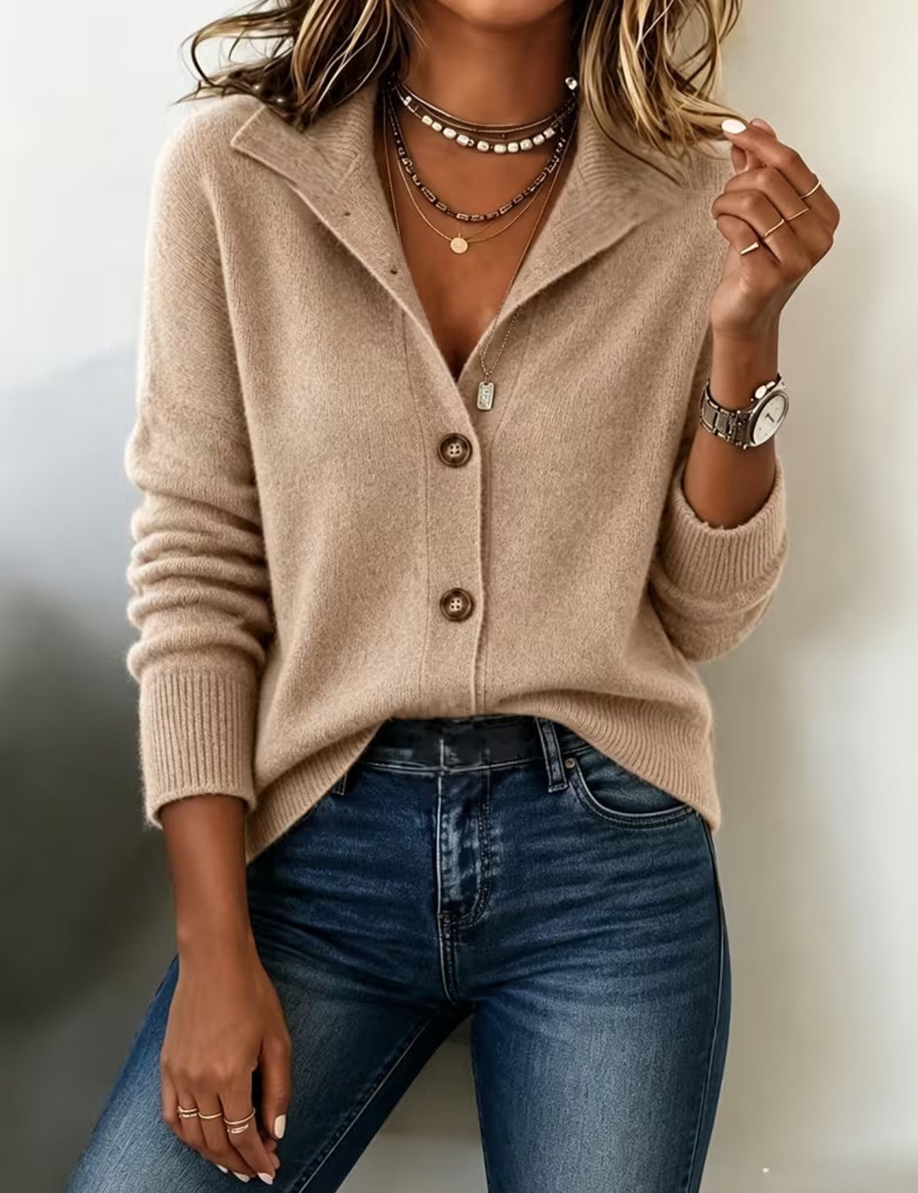 Coralee Whitford | Stand Collar Button Cardigan For Women