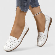 Celestine Fairvaux | White Hollow-Cut Slip-On Flat Loafers