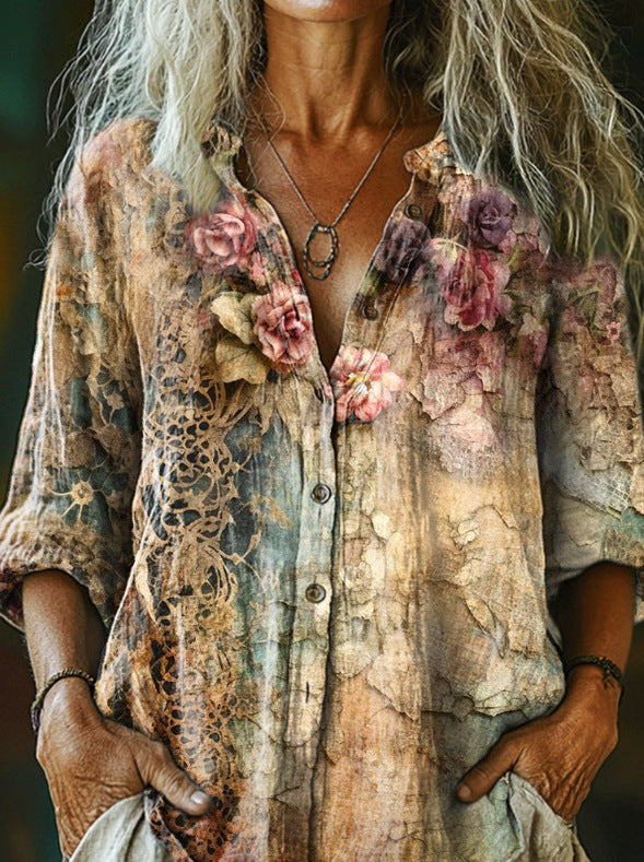 Lucienne Chastain | Vintage Floral Print Long Sleeve Shirt For Women