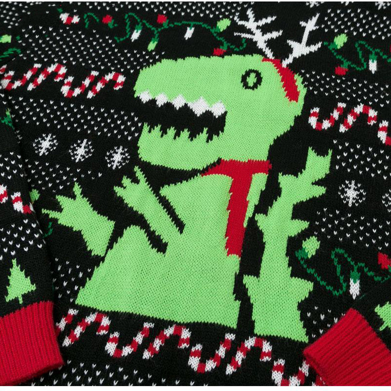Jolly Rex | Black Dinosaur Print Christmas Sweater For Men