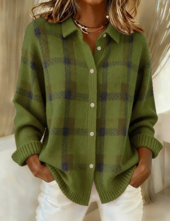Helena Stirling | Plaid Knit Button-Up Sweater For Women