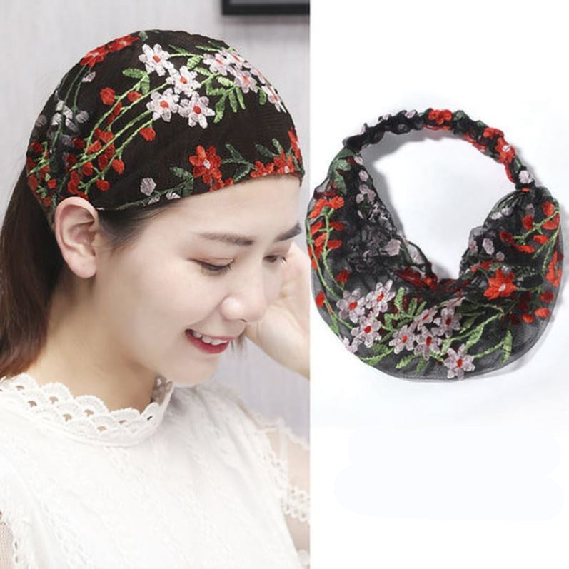Floral Lace Headband Scarf - Black