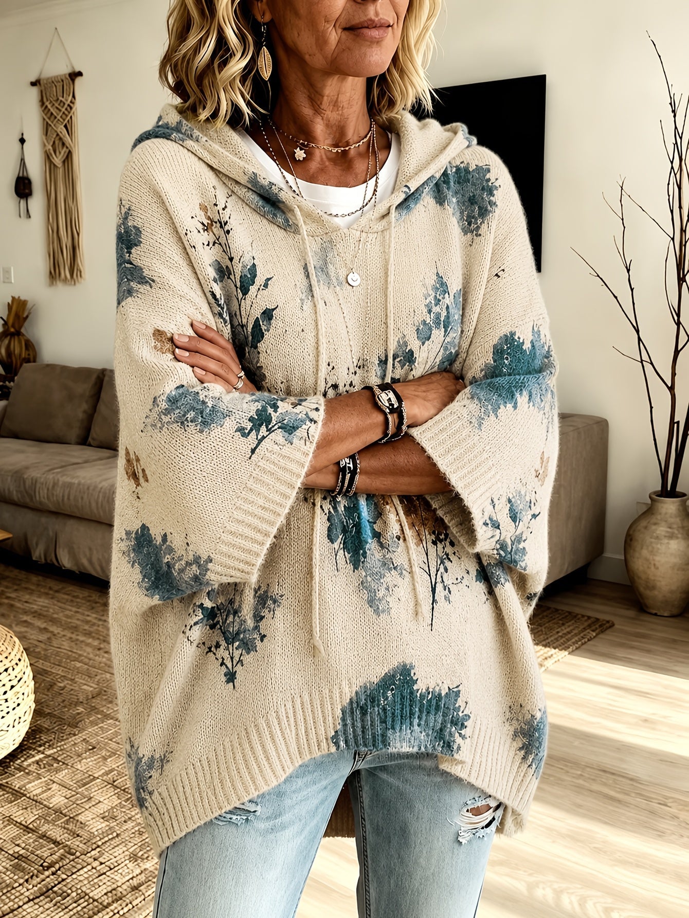 Isadora Beaulieu | Floral Hooded Cape Sweater For Women