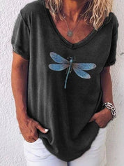 Harriet Ashbourne | Dragonfly Print V-Neck Washed Pink Tee