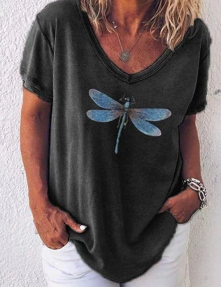 Harriet Ashbourne | Dragonfly Print V-Neck Washed Pink Tee