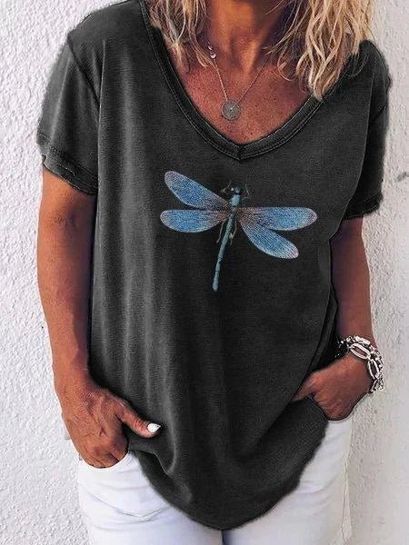 Harriet Ashbourne | Dragonfly Print V-Neck Washed Pink Tee