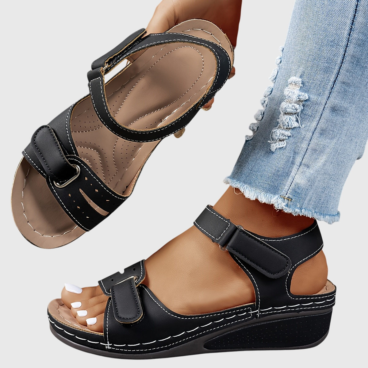Renata Villefore | Red Orthopedic Wedge Sandals with Hook-and-Loop Strap