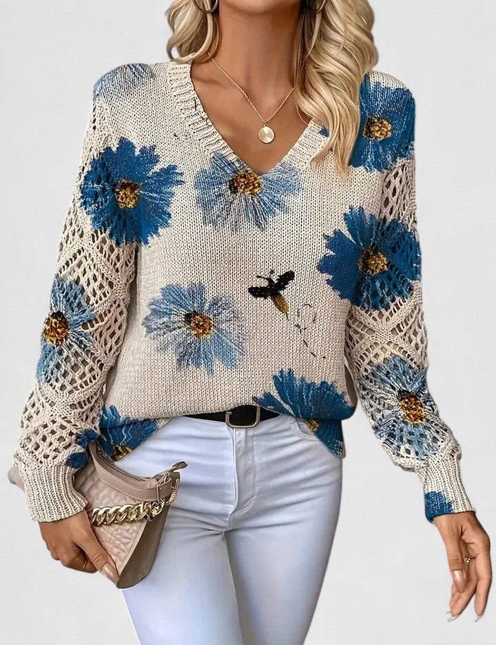 Rosalinde Fonteclair | Floral Knit V-Neck Sweater with Lace Sleeves
