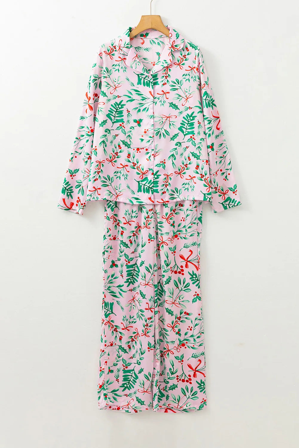 Fireside Glow | Pink Holly Print Christmas Pyjamas For Women