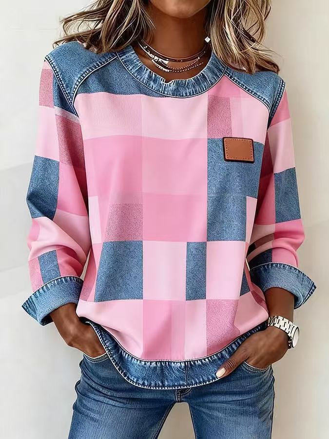 Jessie Belwell | Plaid Denim-Look Patchwork Sweatshirt For Women
