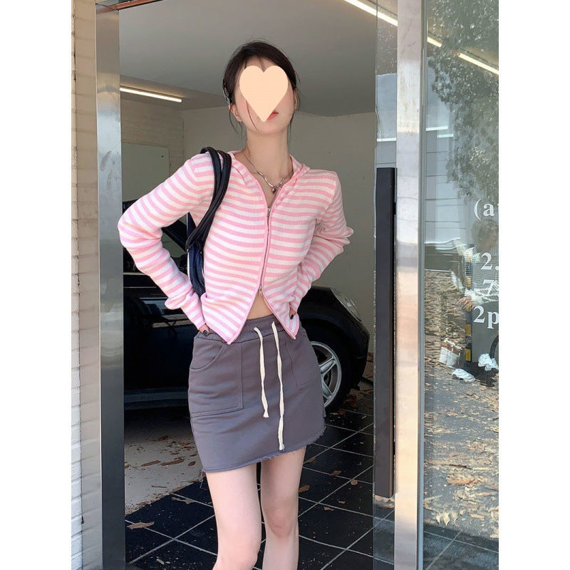 Mireille Fontanet | Striped Zip-Up Hooded Knit Cardigan For Women