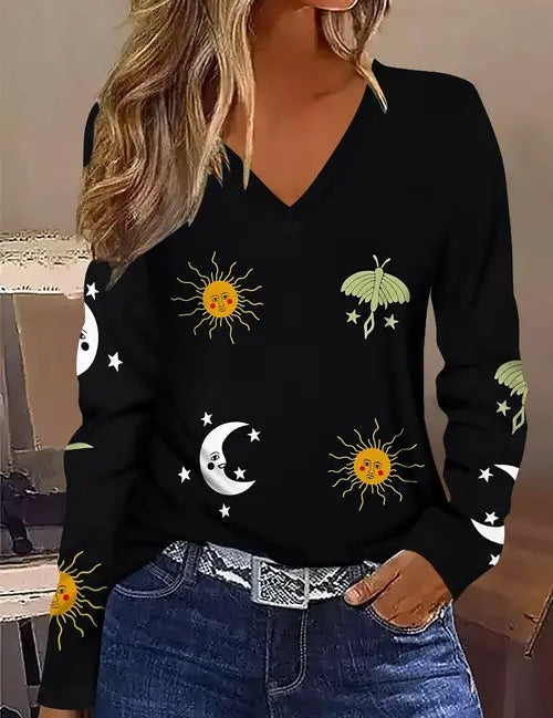 Celinda Waverly | Autumn Maple Leaf Print Long-Sleeve Top For Women