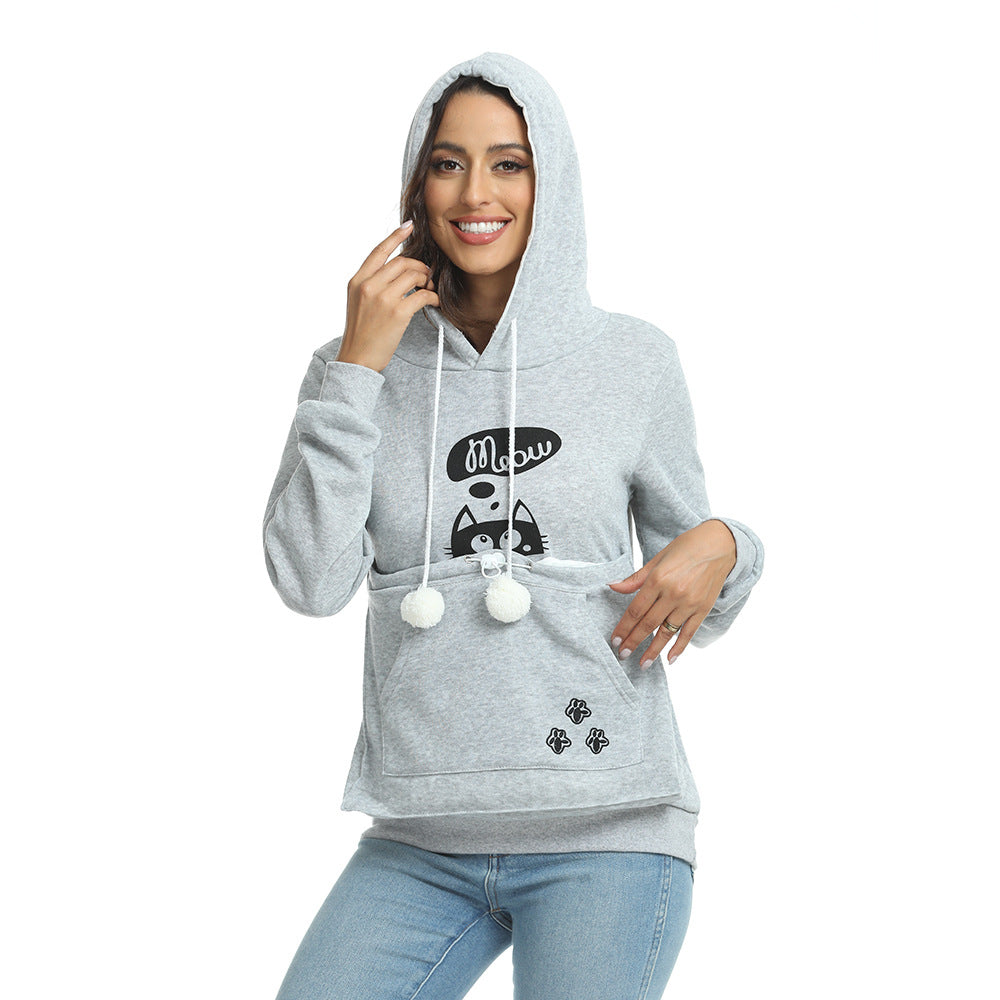 Lucille Bertrand | Cat Print Hoodie With Pet Pouch Pocket For Women