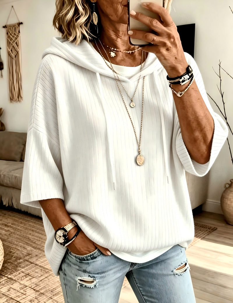 Cassandra Bellmore | Ribbed Hooded Drawstring Sweatshirt For Women