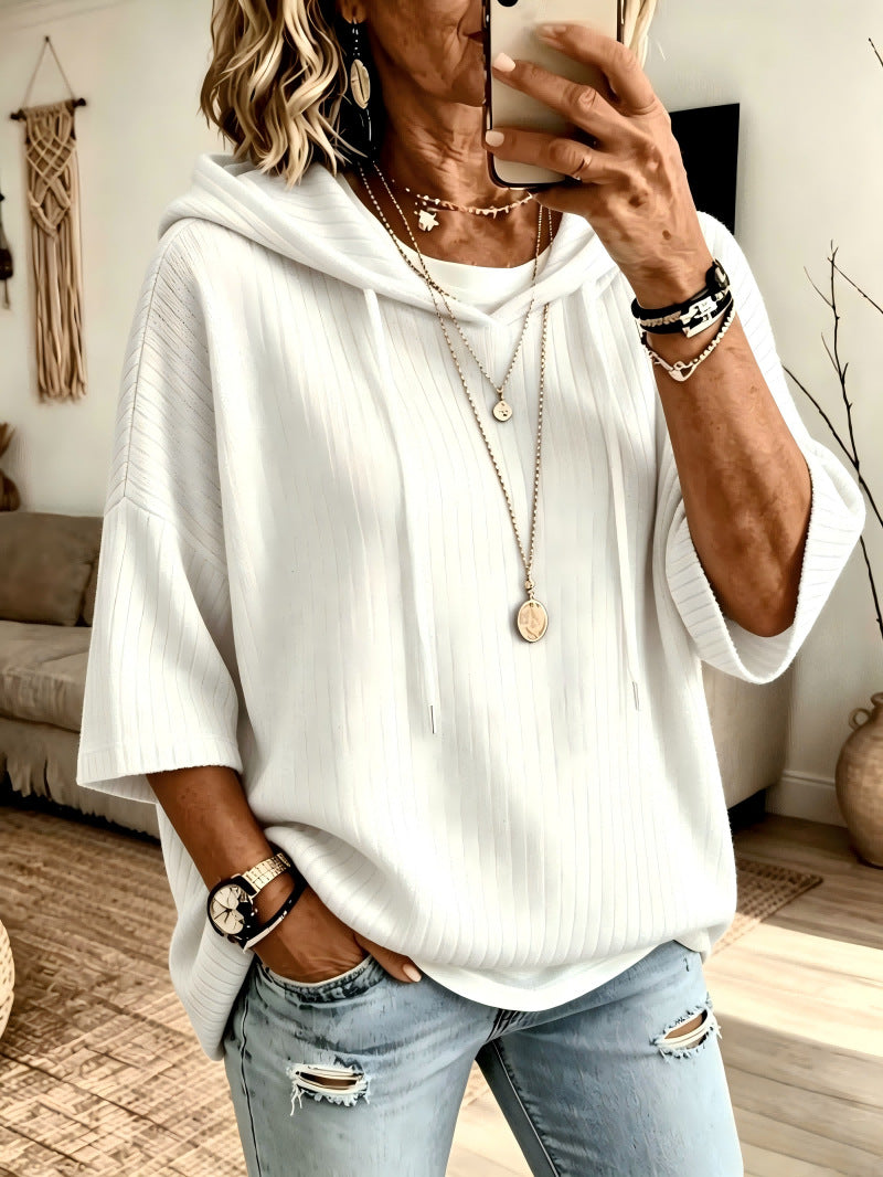 Cassandra Bellmore | Ribbed Hooded Drawstring Sweatshirt For Women