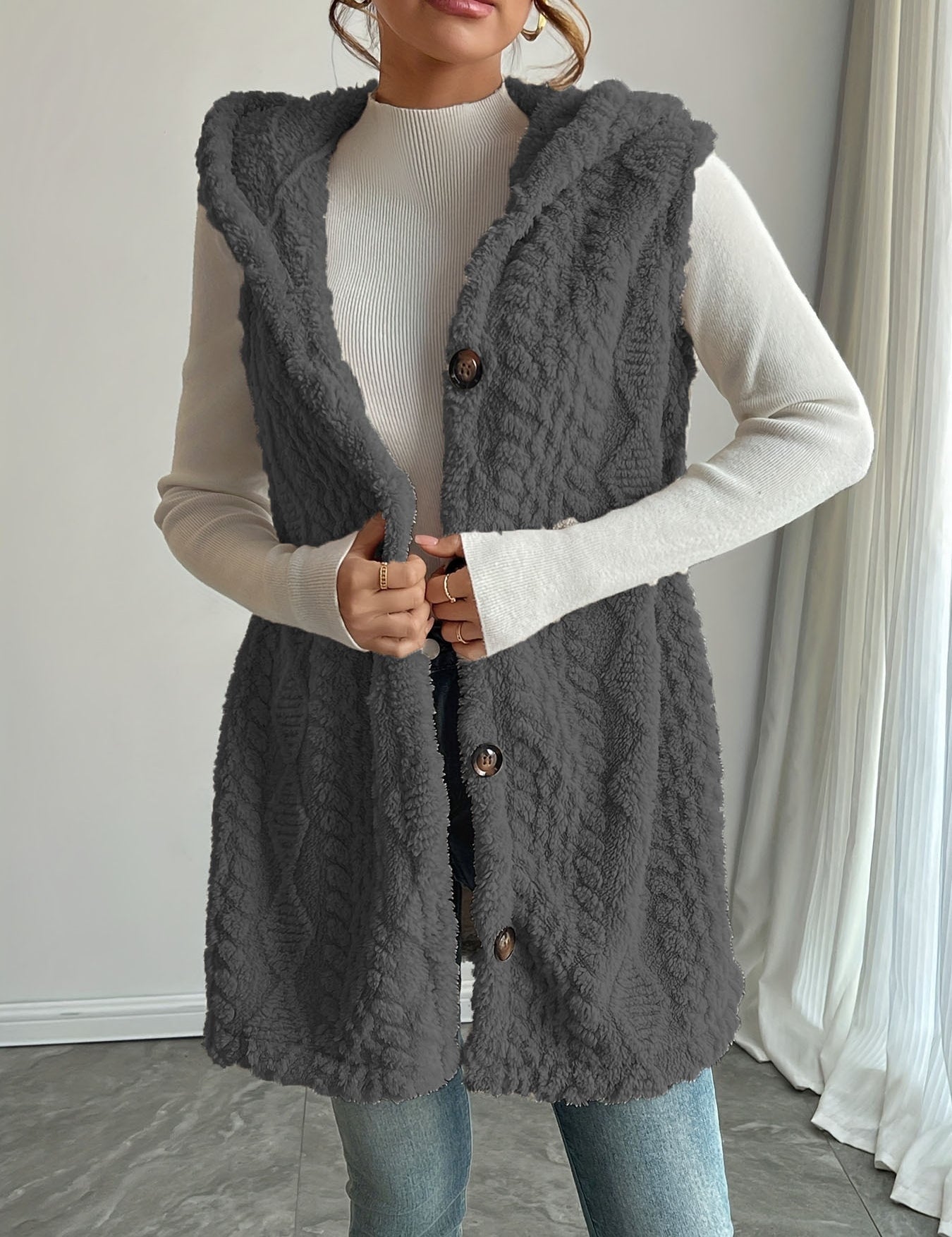 Genevieve Sorel | Hooded Sleeveless Longline Cardigan Vest For Women