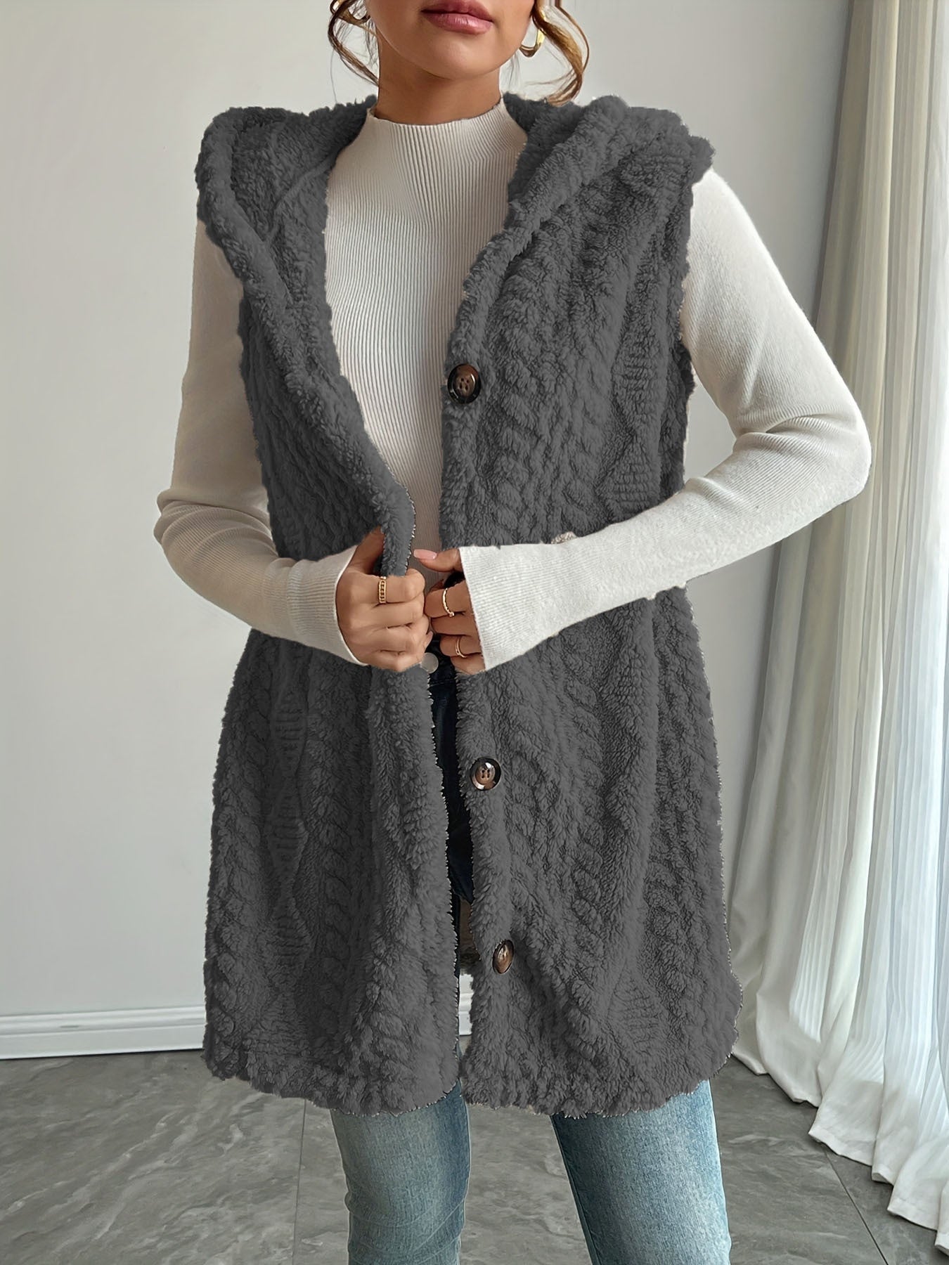 Genevieve Sorel | Hooded Sleeveless Longline Cardigan Vest For Women