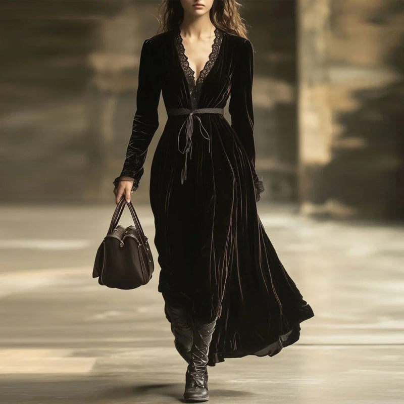 Mae Corham | Black Velvet V-Neck Lace Trim Maxi Dress For Women
