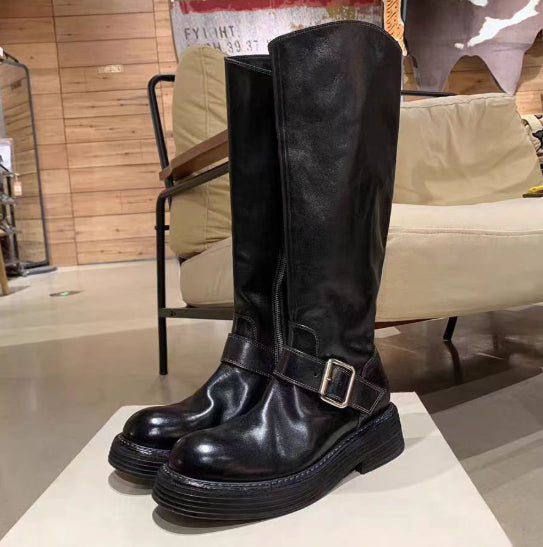 Kit Langbury | Black Buckle Strap Knee High Boots For Women