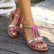 Celeste Amarino | Boho Rhinestone Flat Sandals For Women
