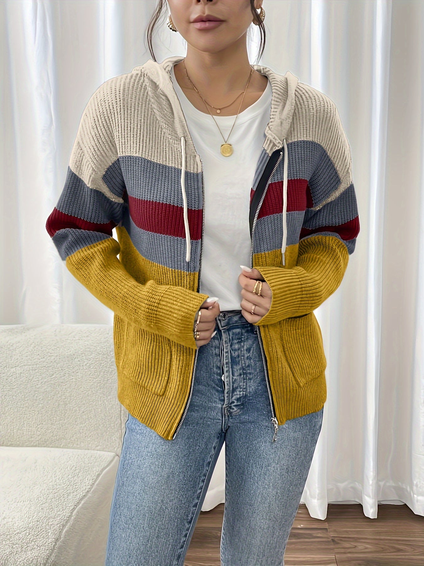 Harriet Devon | Colour-Block Zip Hoodie With Ribbed Knit For Women