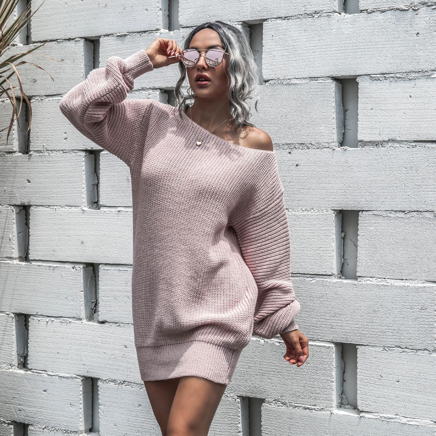 Antoinette Duval | Off-Shoulder Lantern Sleeve Sweater Mini Dress For Women