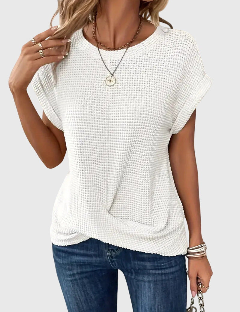 Thalia Wentmore | Rust Orange Waffle Knit Crew Neck Blouse