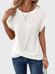 Thalia Wentmore | Rust Orange Waffle Knit Crew Neck Blouse