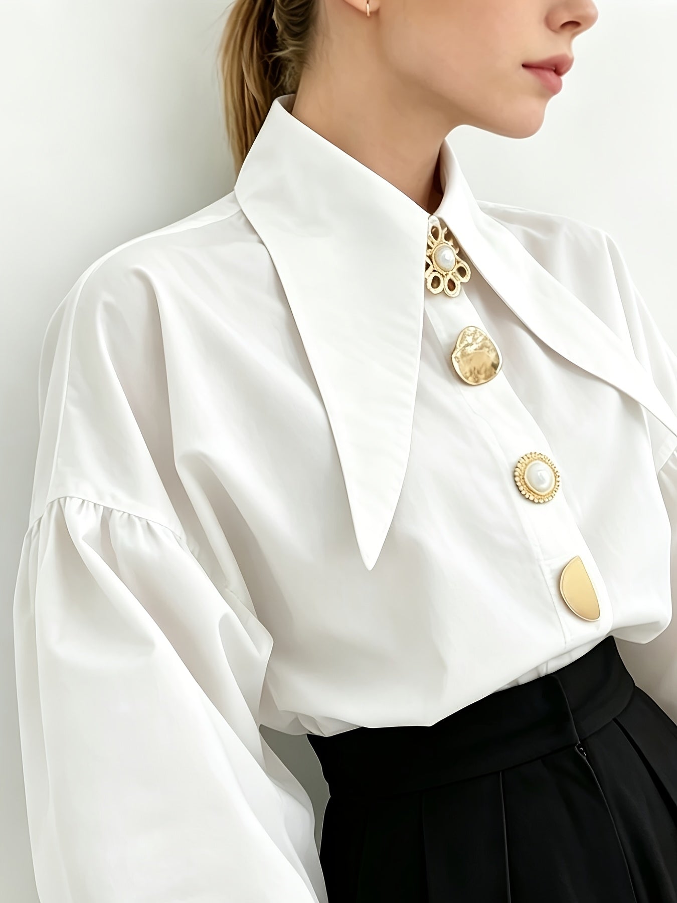 Felicity Ashgrove | Statement Collar Blouse With Pearl Buttons For Women
