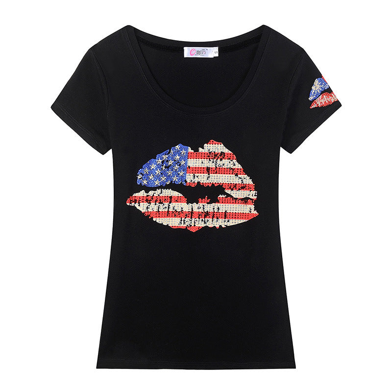 Sienna Lockwood | American Flag Lips Graphic T-Shirt For Women
