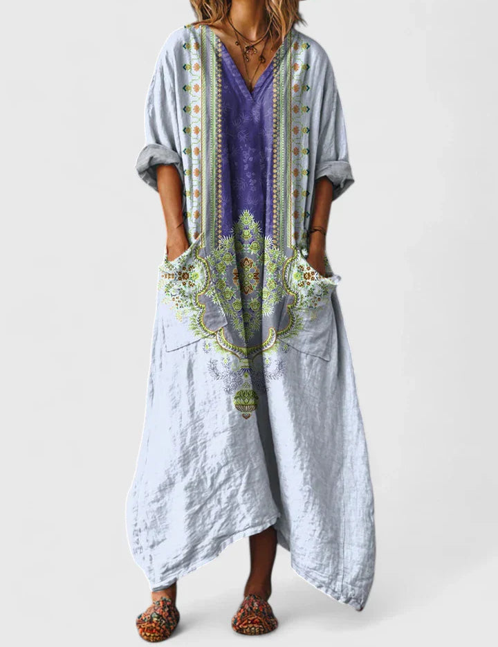 Flavia Rosebourne | Bohemian Ethnic Print Maxi Dress with Pockets