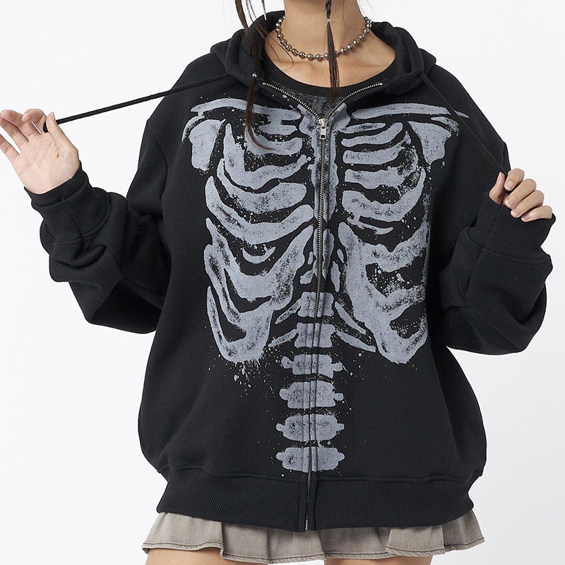 Nina Delvaux | Skeleton Print Zip-Up Hoodie For Women