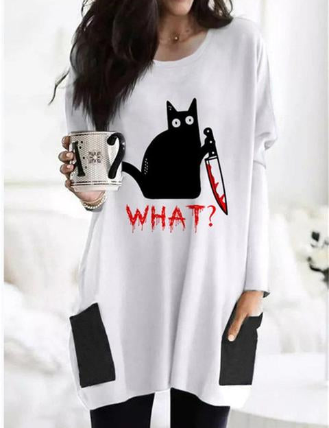 Nathalie Beauregard | Cat Print Long Sleeve Tunic Top For Women