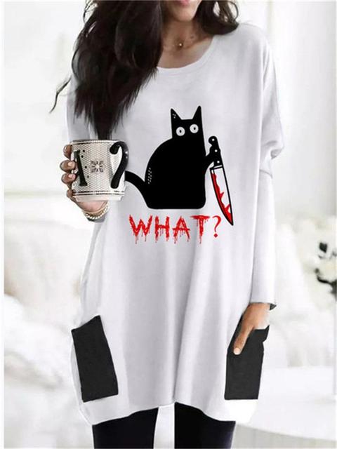 Nathalie Beauregard | Cat Print Long Sleeve Tunic Top For Women